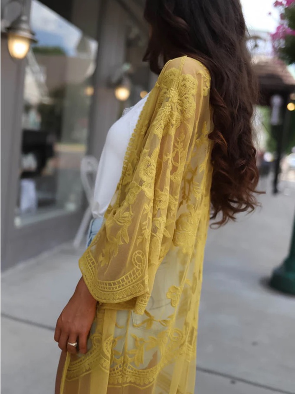 Lush Yellow Floral Lace Sheer Kimono Cover-Up